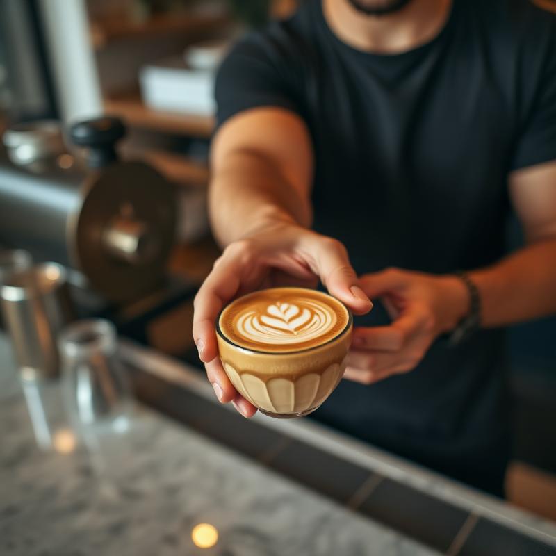 Barista handing a coffee at a modern cafe